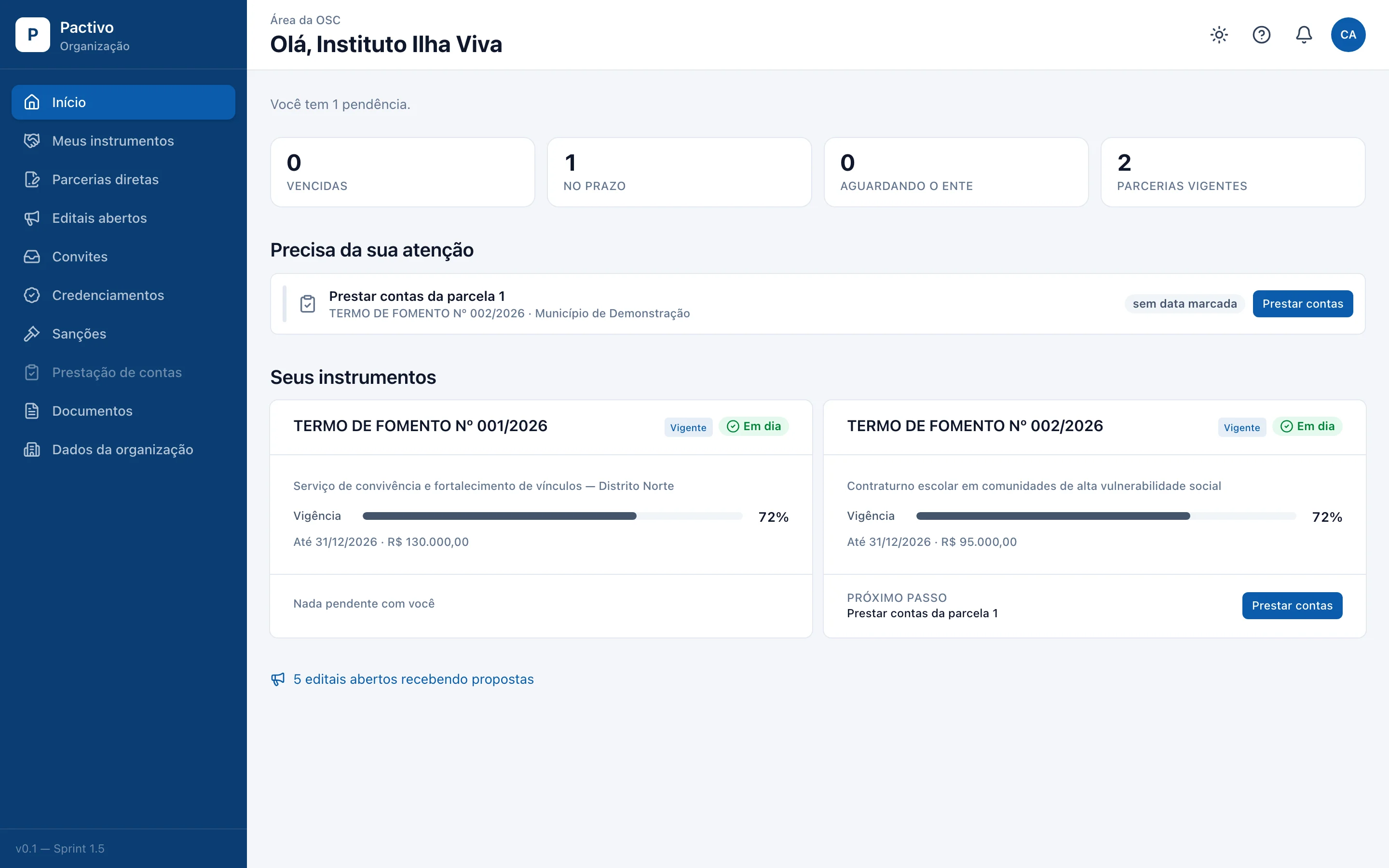 Área da organização: o que precisa de atenção e os instrumentos com a vigência. Dados fictícios.