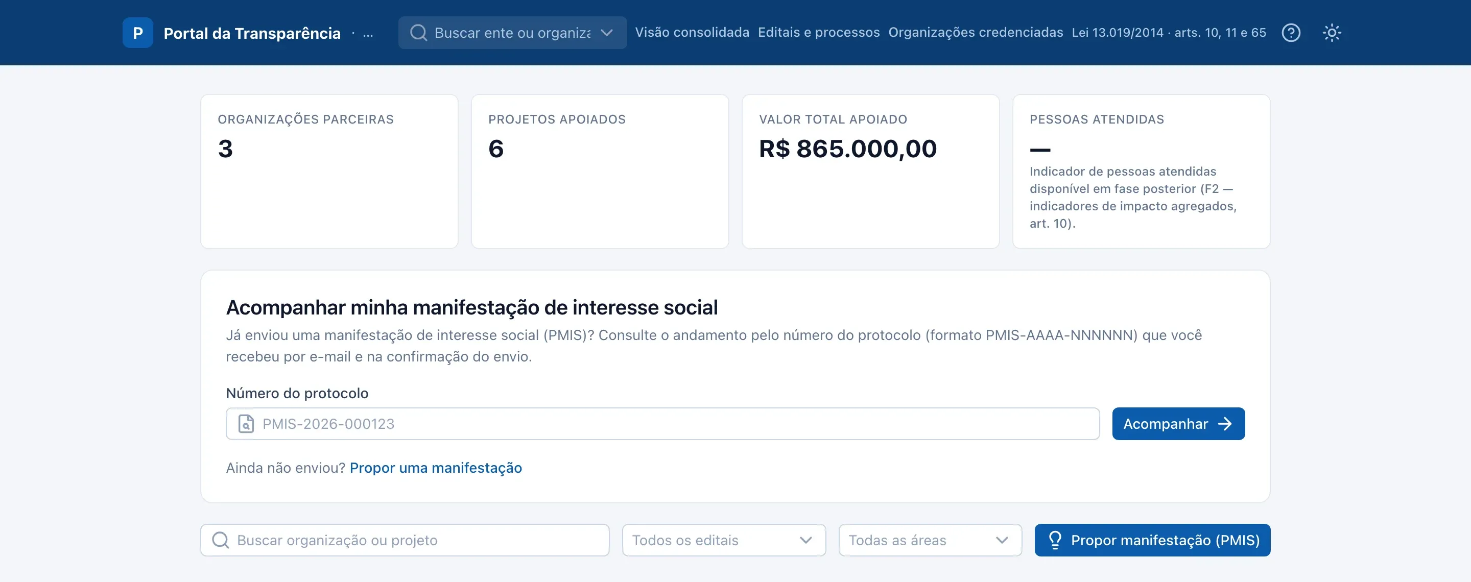 Portal público de transparência do município de demonstração: indicadores, acompanhamento de manifestação de interesse social e busca. Dados fictícios.